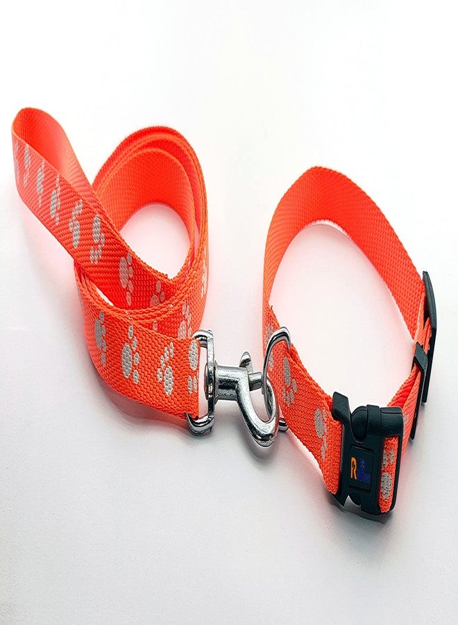 Pups&Pets Nylon Collar and Leash Paw Printed Collar Leash Set Ideal for All Breed Puppies and Small Breed Dogs (15 MM, Orange Colour) - Image 1